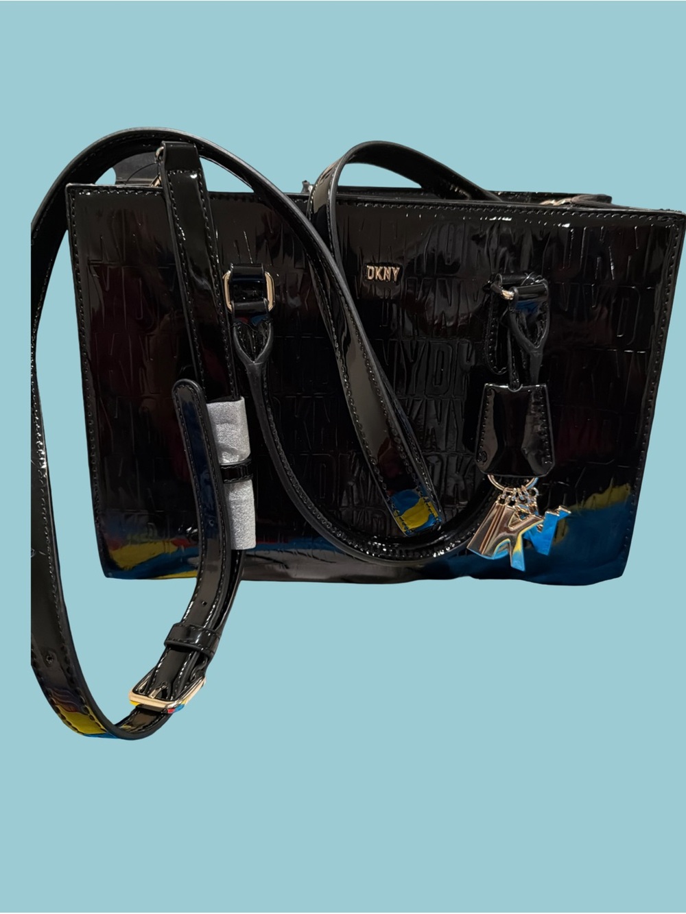 DKNY Black Patent Leather Tote with Gold Hardware